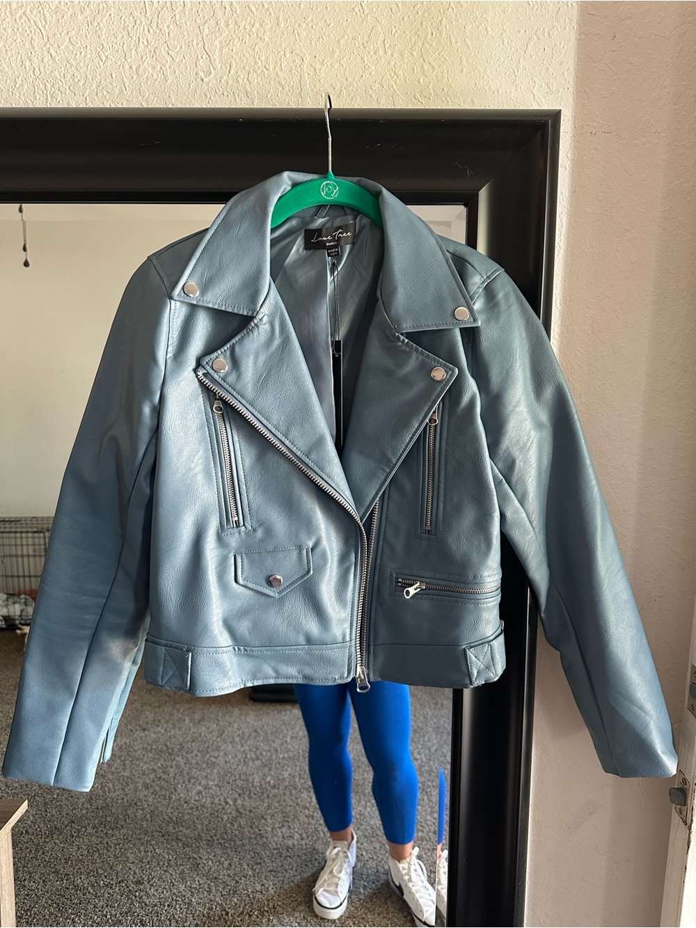 Love Tree Dusty Blue Faux Leather Moto Jacket